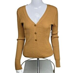 Leith Henley V-Neck Sweater Medium NWT Neutral Ribbed Pullover Soft Knit Cottage